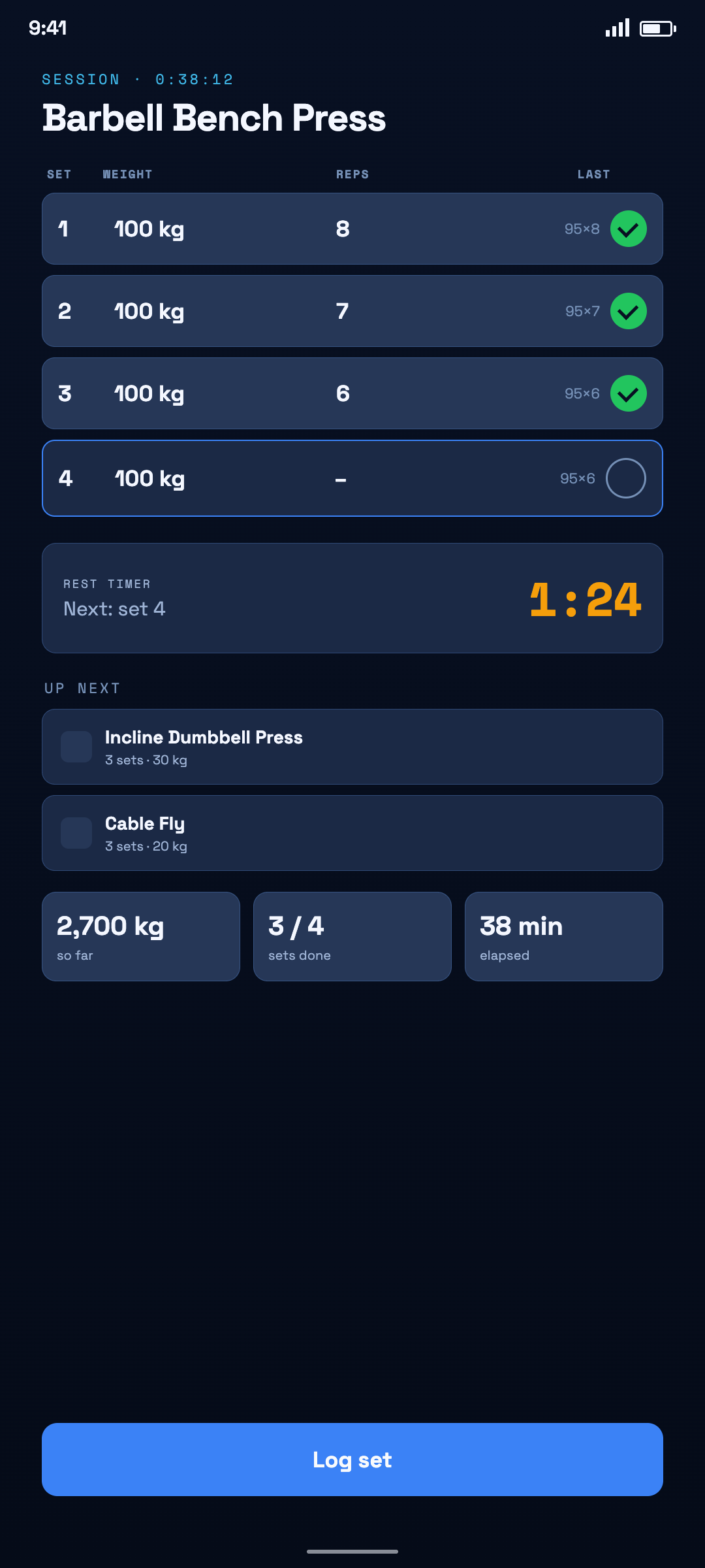 Live workout session with one-tap set logging and a rest timer