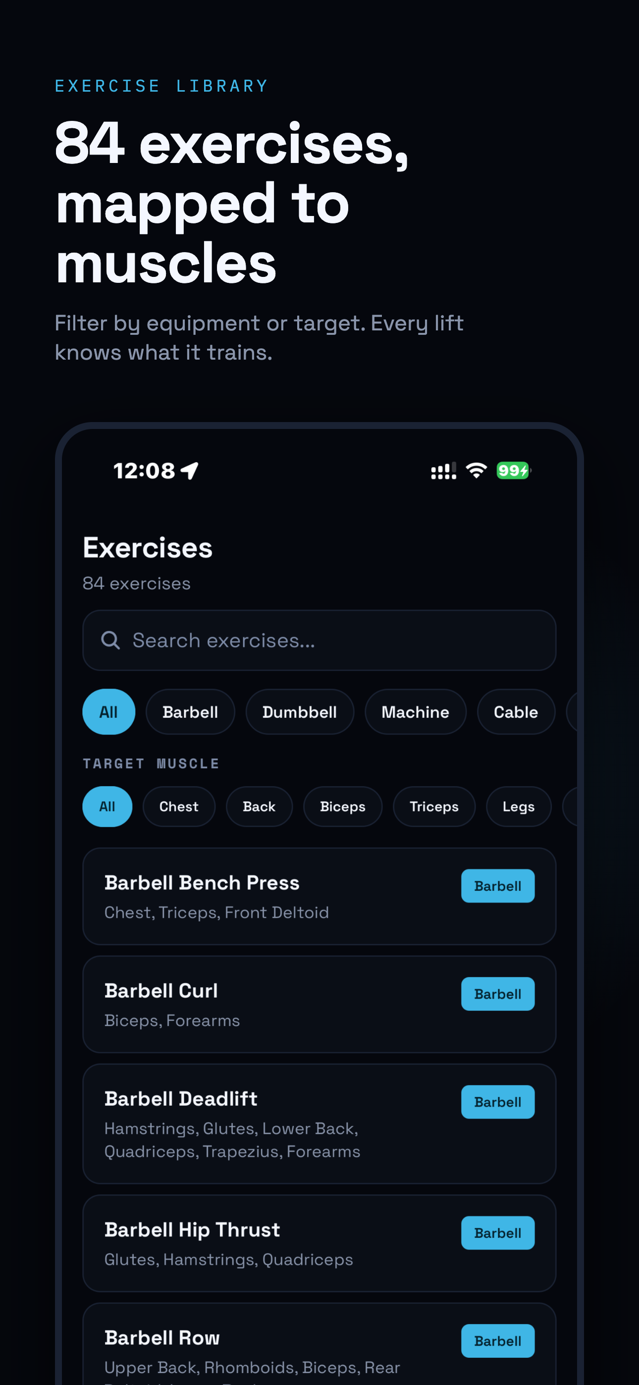 Exercise library of 84 exercises, filterable by equipment and target muscle