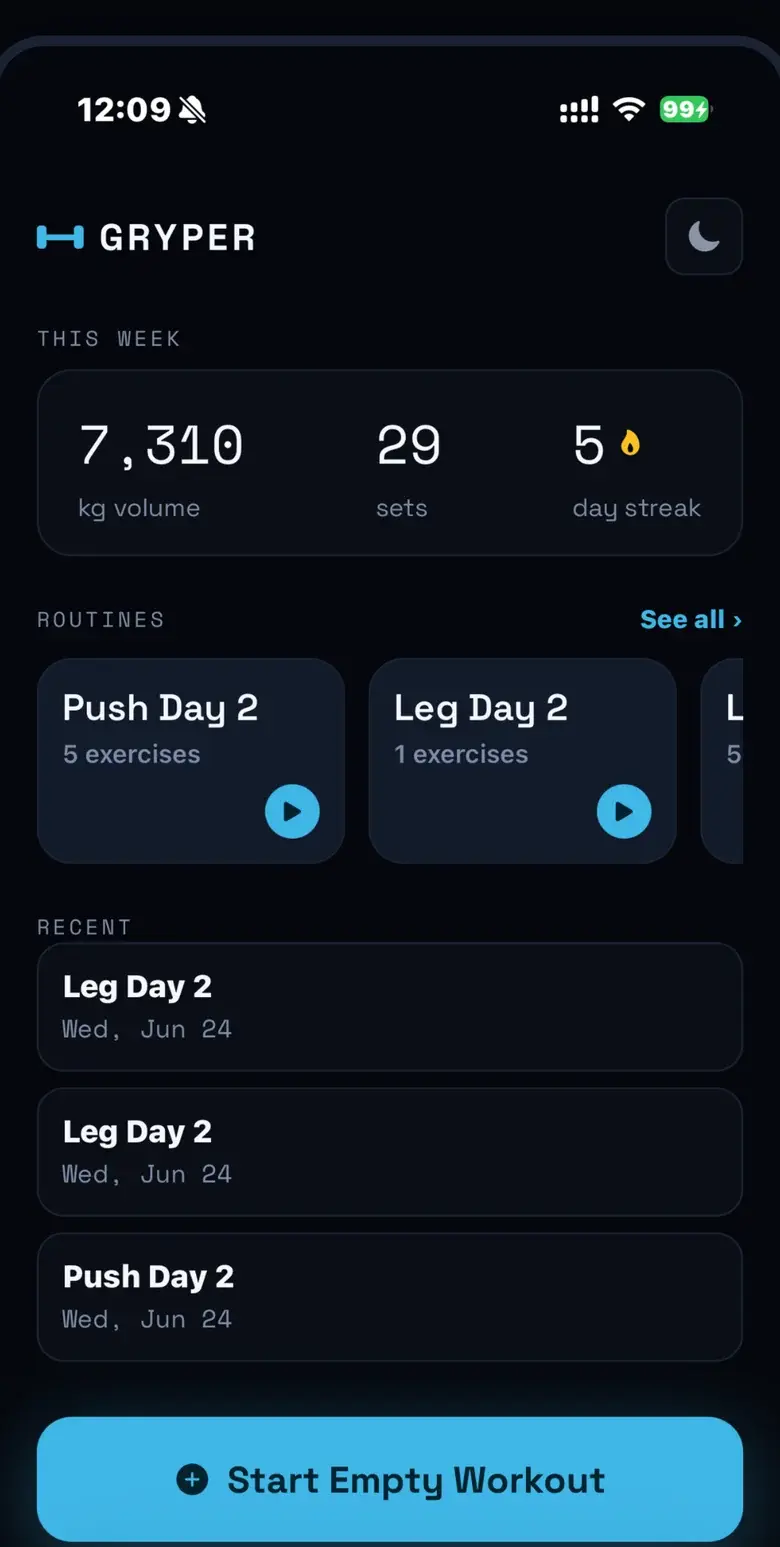 Home screen with this week’s volume, sets and streak, routines and recent workouts