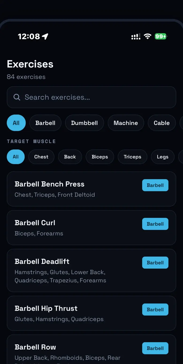 Exercise library filterable by equipment and target muscle